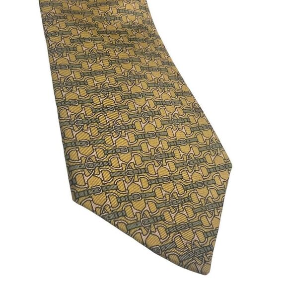 Hermes Paris Men's Yellow Gray Links Chains Pointed French Silk Tie - Picture 4 of 7